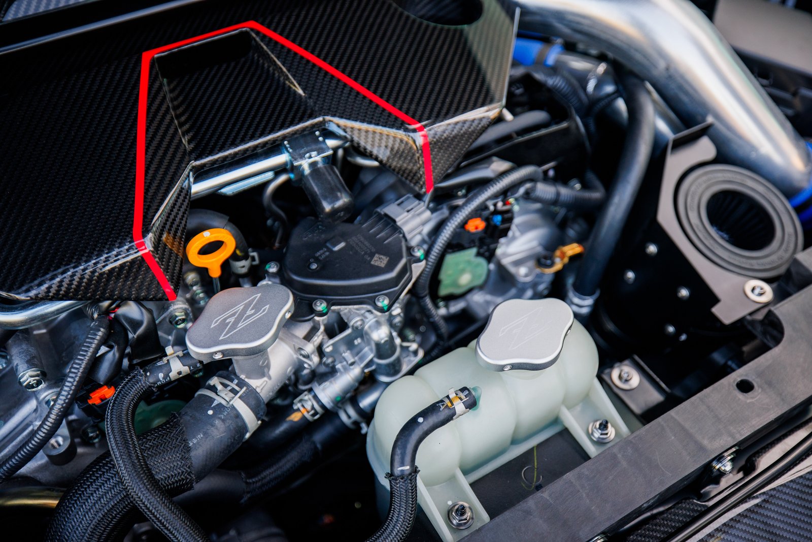 Engine bay of the Nissan Z Kaze concept with carbon-fiber engine cover