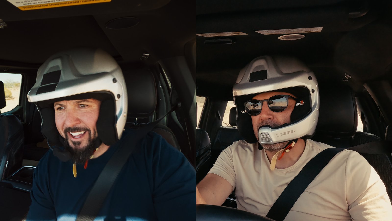 Chase Gentry and Tavo Vildósola wearing helmets inside F-150 Raptor cabs