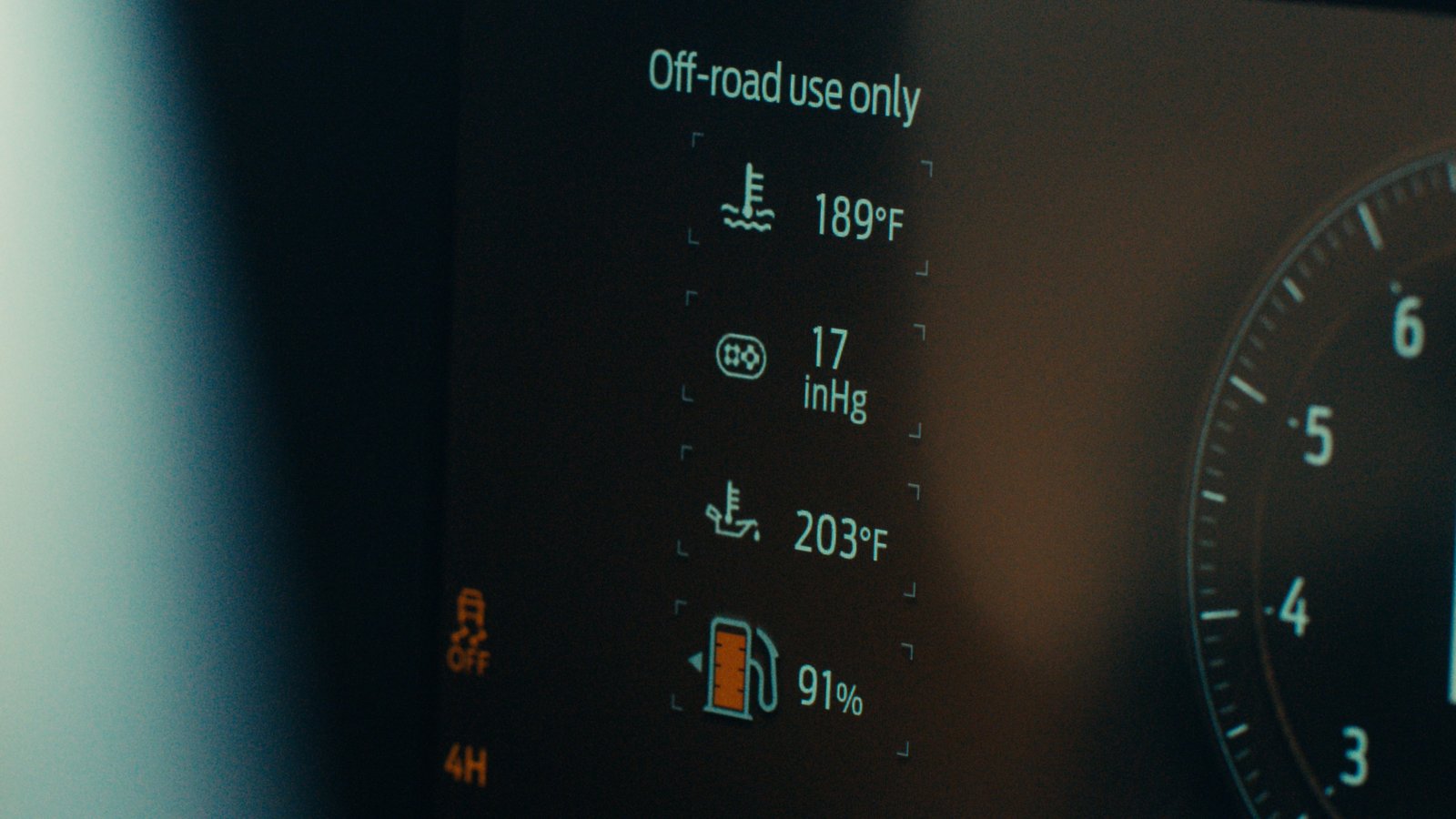 F-150 Raptor digital cluster showing coolant, oil temperature, and fuel readouts