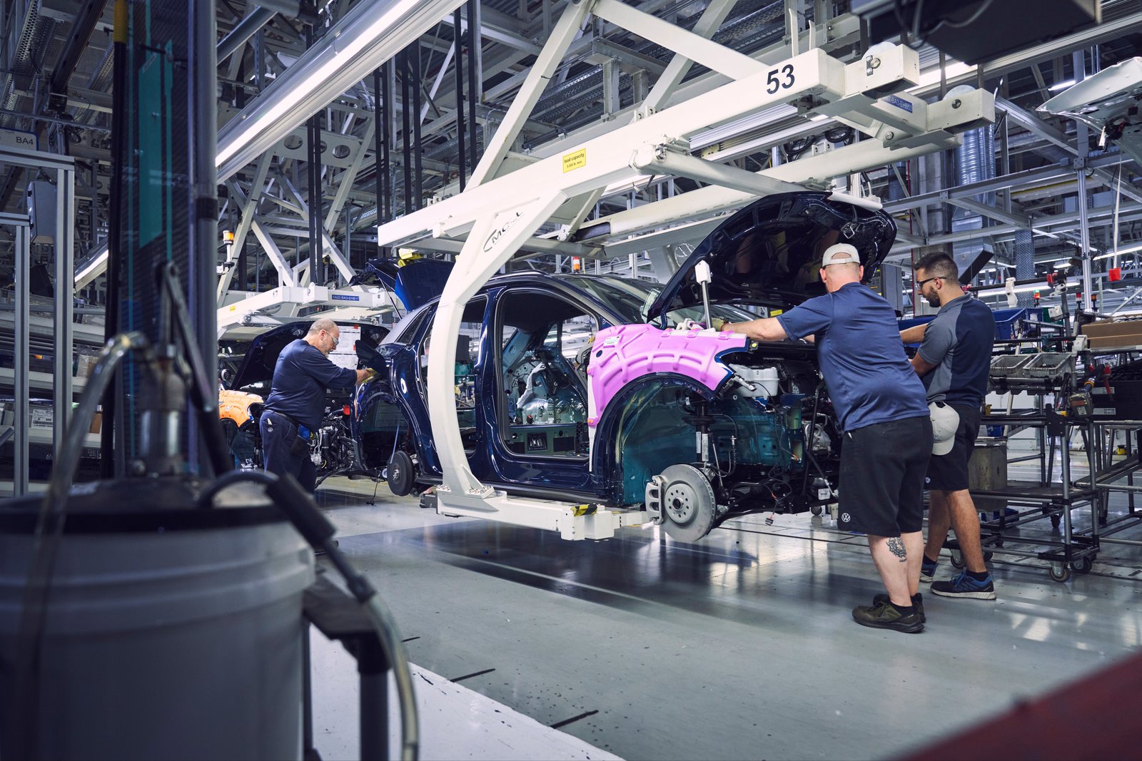 Workers assembling a Volkswagen ID.4 on the Chattanooga production line