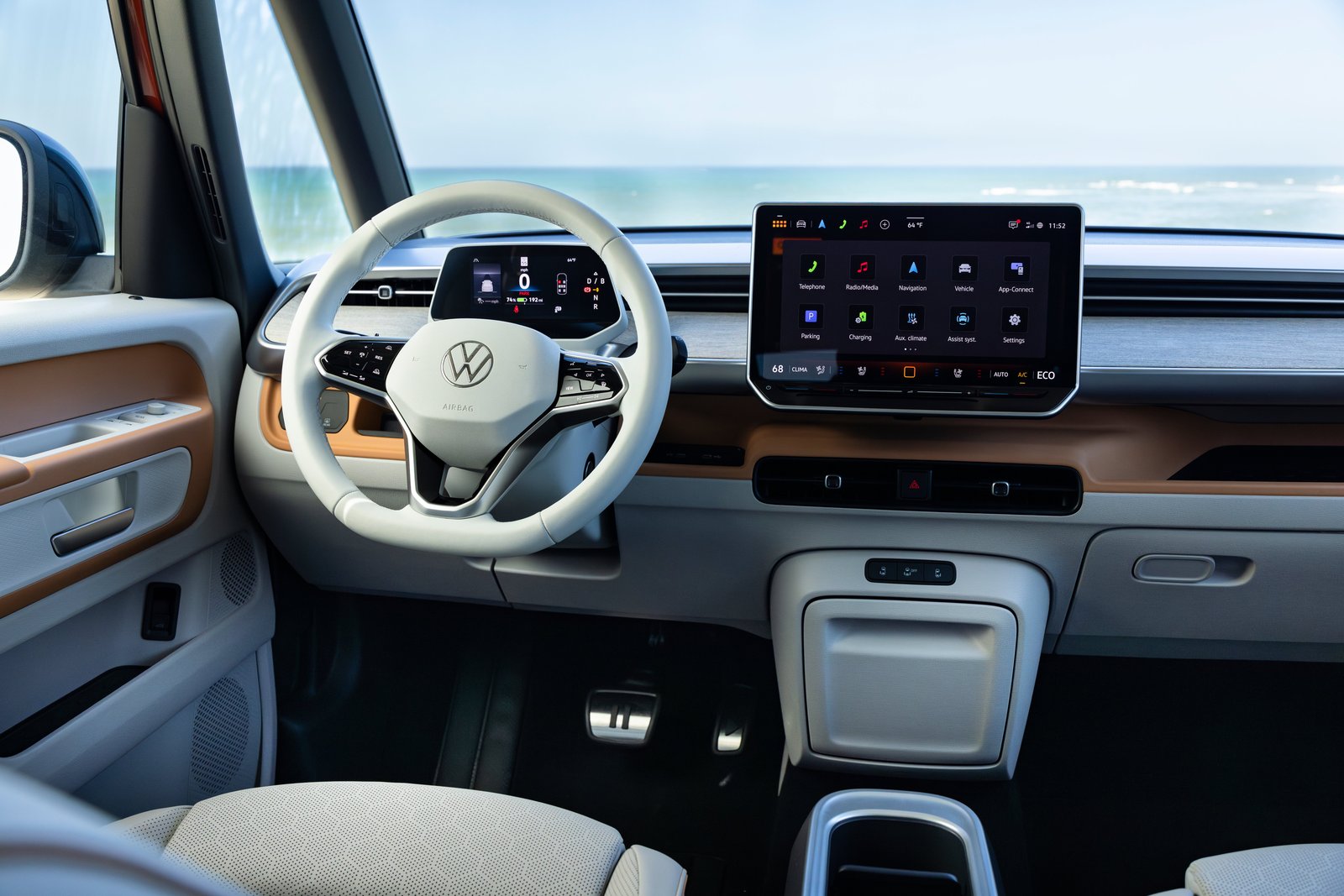 Volkswagen ID. Buzz dashboard with center touchscreen and steering wheel