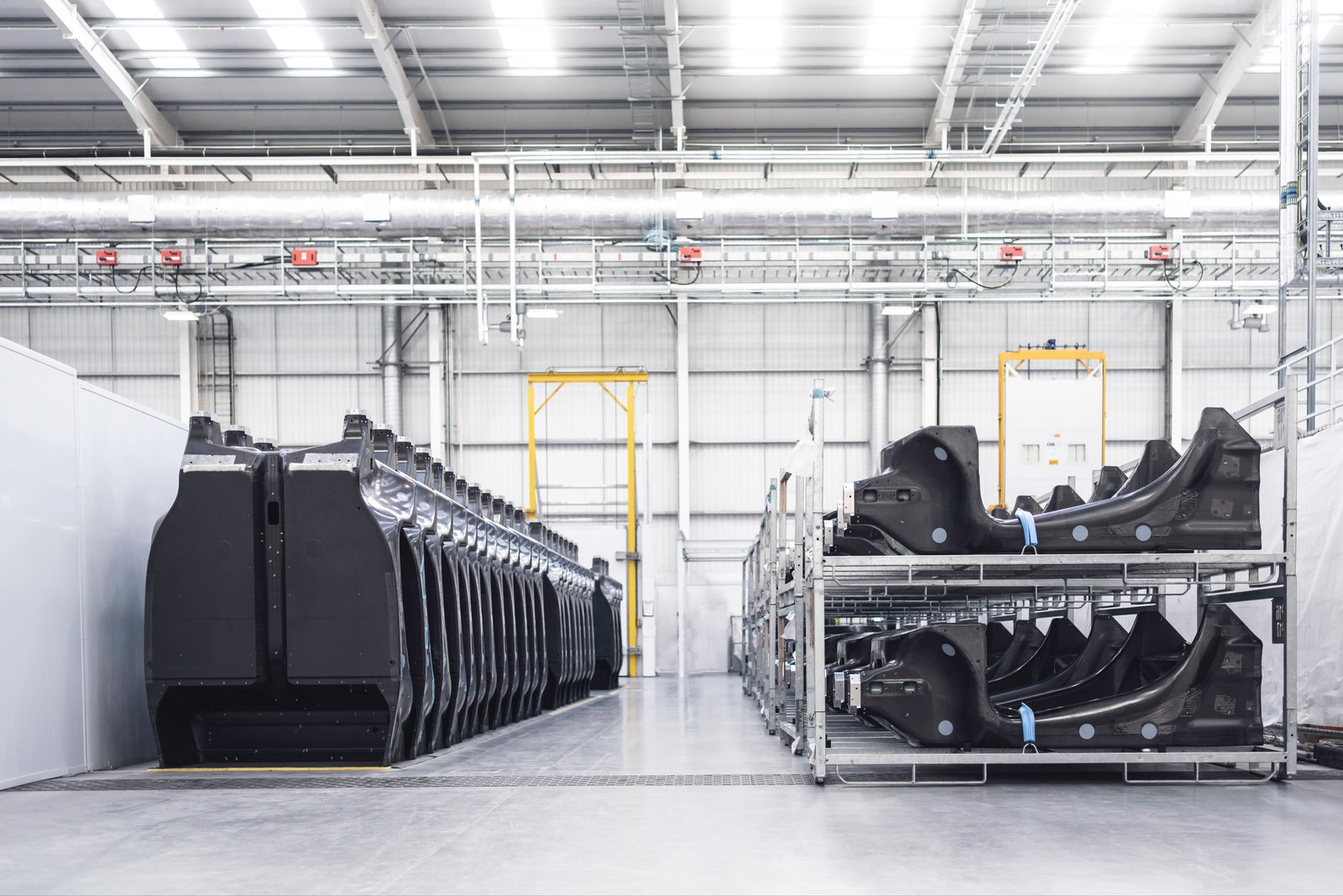 Rows of carbon-fiber monocoques at McLaren Composites Technology Centre