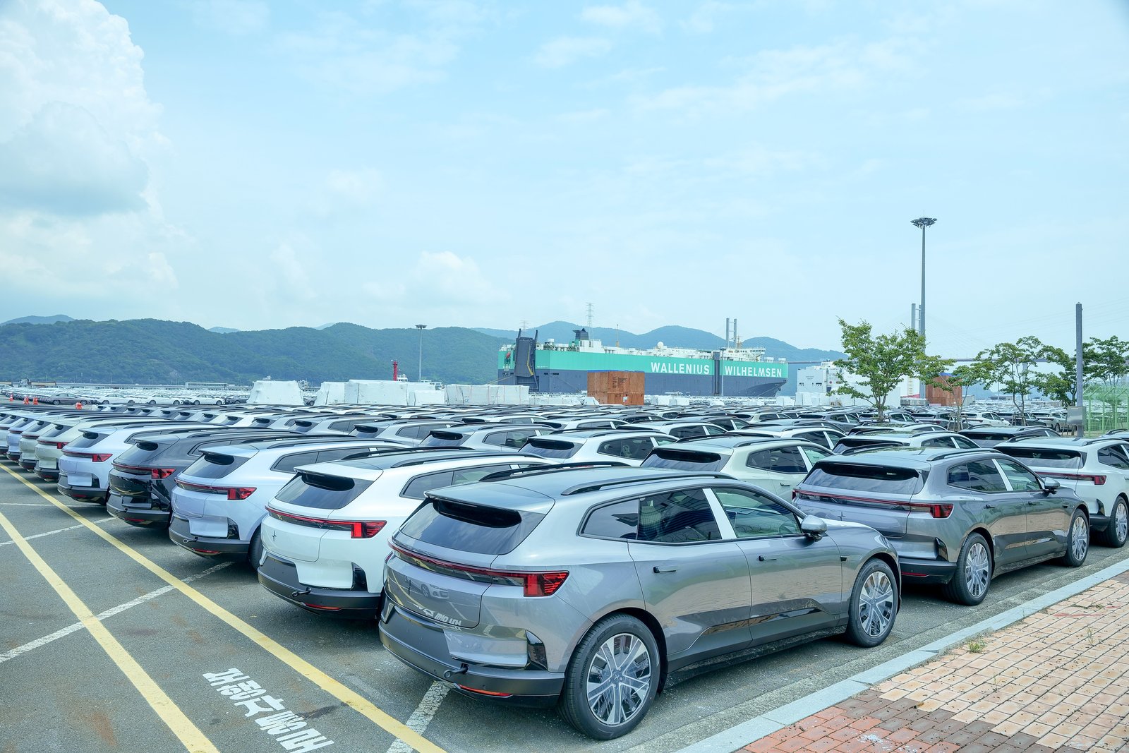 Rows of Polestar 4 SUVs parked at a port awaiting export