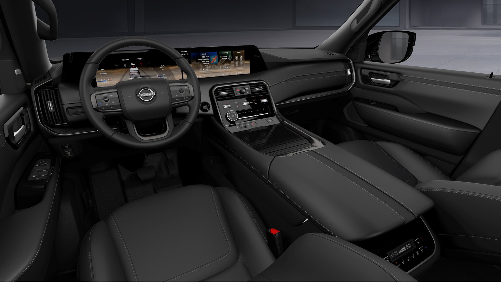 2027 Nissan Armada Dark Armor dashboard with dual displays and dark trim