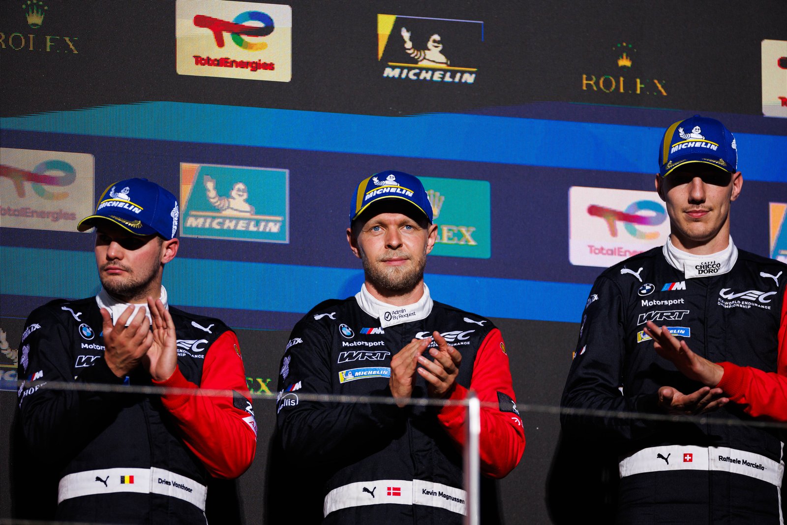 Vanthoor, Magnussen and Marciello applaud on the Fuji podium