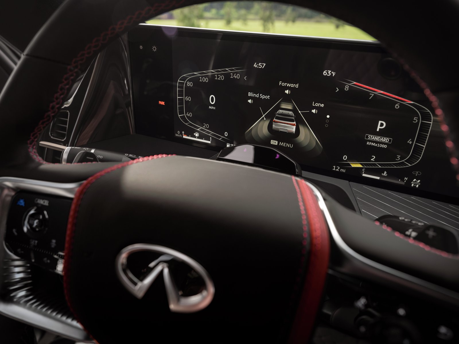 Infiniti QX80 digital gauge cluster showing driver-assist settings