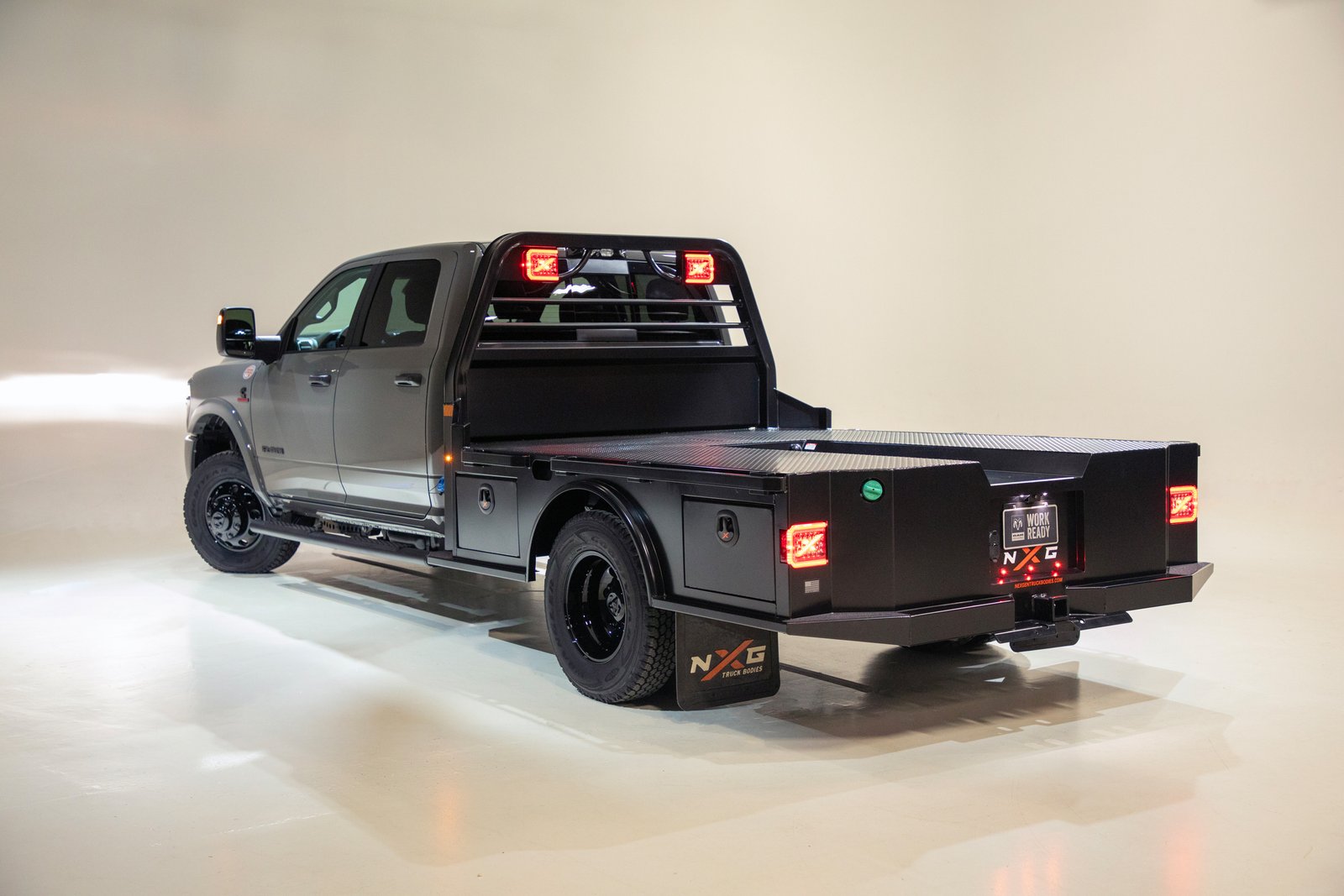 Rear three-quarter view of the Ram Chassis Cab Night Edition with an upfitter flatbed body