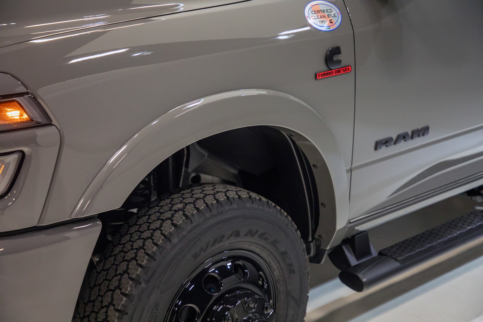 Fender of the Ram Chassis Cab Night Edition with black RAM badge and Cummins Turbo Diesel emblem