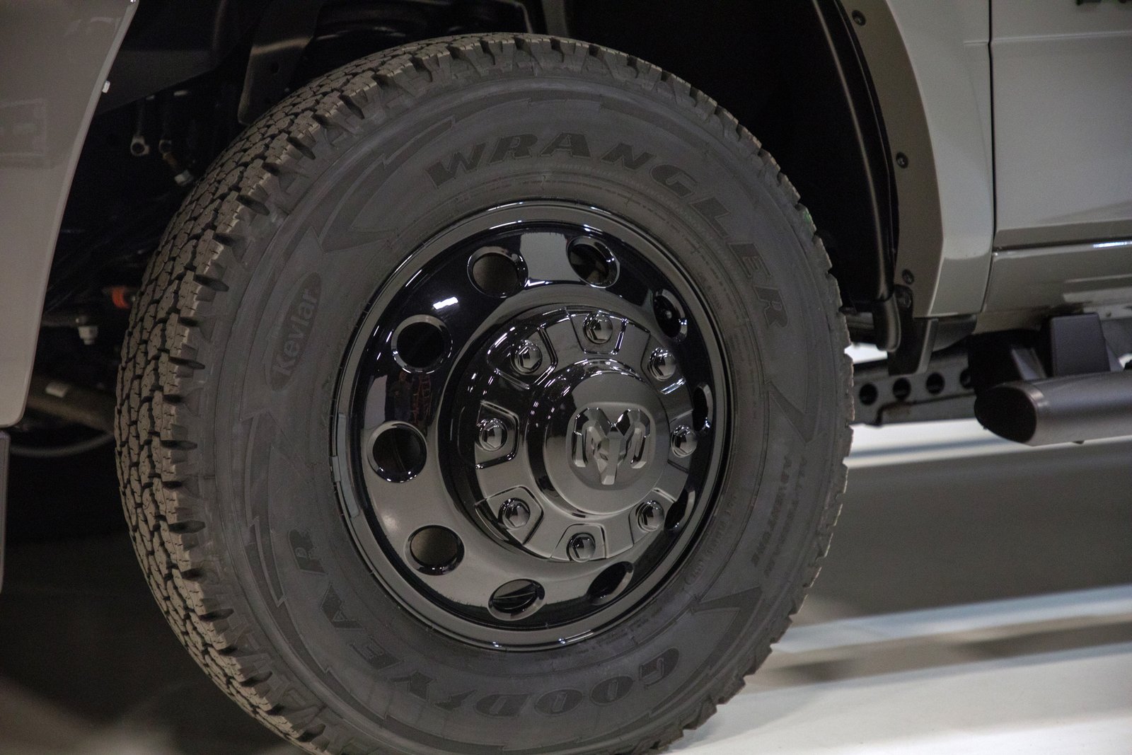 Black-painted steel wheel with Goodyear Wrangler tire on the Ram Chassis Cab Night Edition
