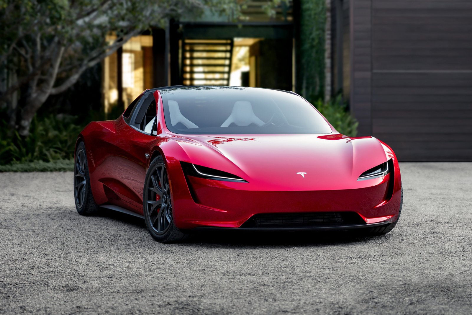 Red 2017 Tesla Roadster prototype, front three-quarter view