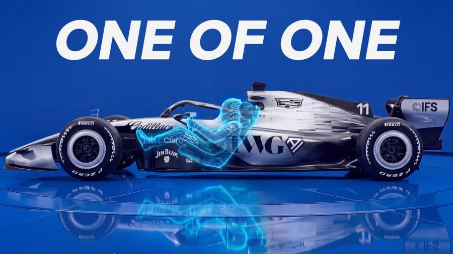 Cadillac F1 car side view with glowing driver outline in the cockpit