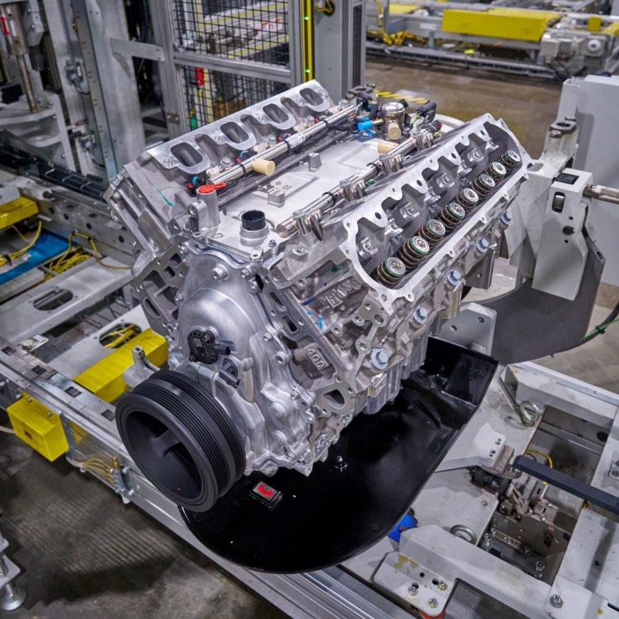 Sixth-generation GM Small Block V8 engine on the assembly line