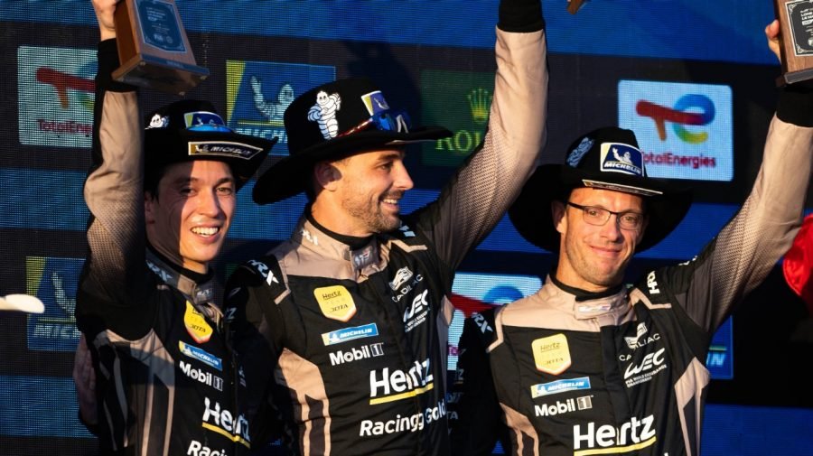 Cadillac Hertz Team JOTA drivers celebrate second place on the COTA podium