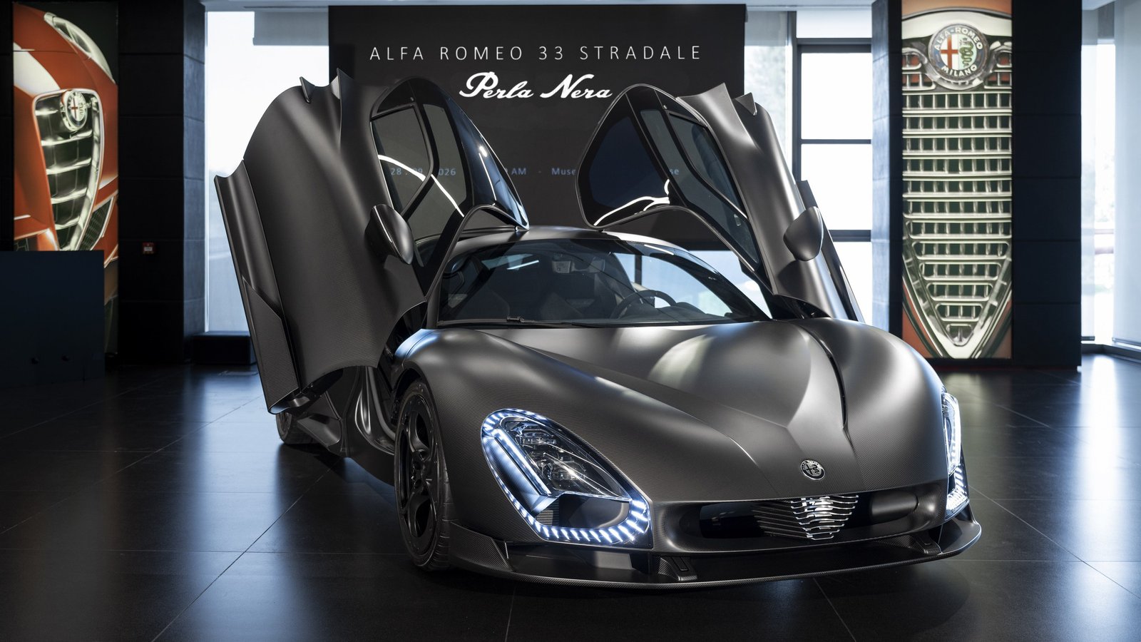 Alfa Romeo 33 Stradale Perla Nera with butterfly doors open at the Alfa Romeo Museum in Arese