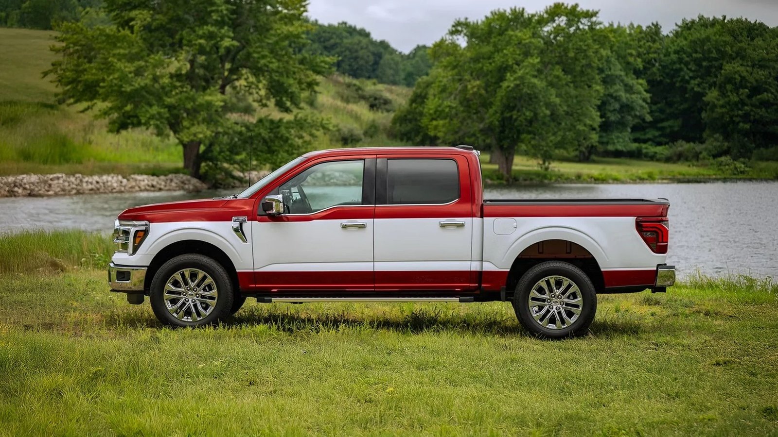 Profile view of the 2027 Ford F-150 Two-Tone Package by a lake