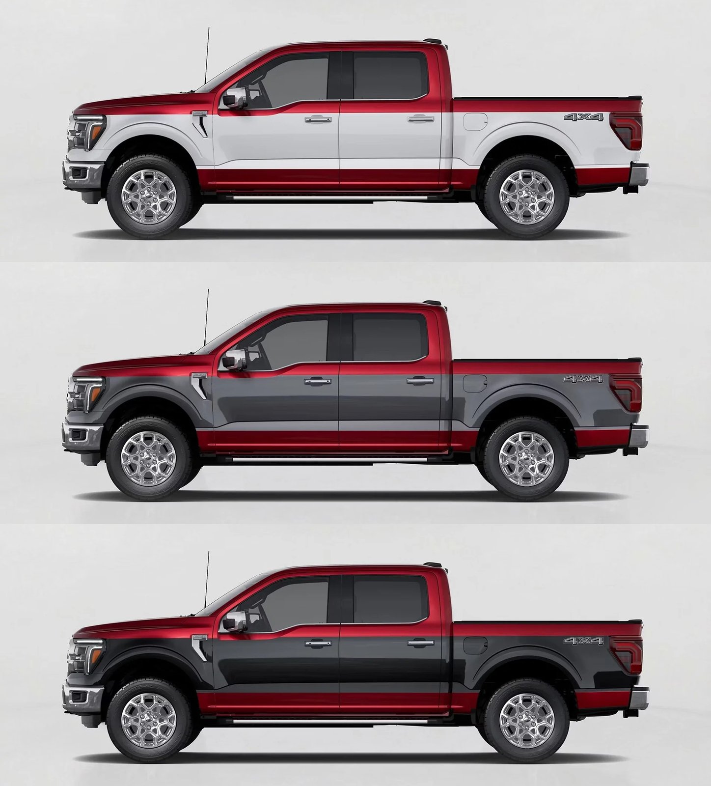 2027 Ford F-150 Two-Tone Package band in Oxford White, Carbonized Gray, and Agate Black