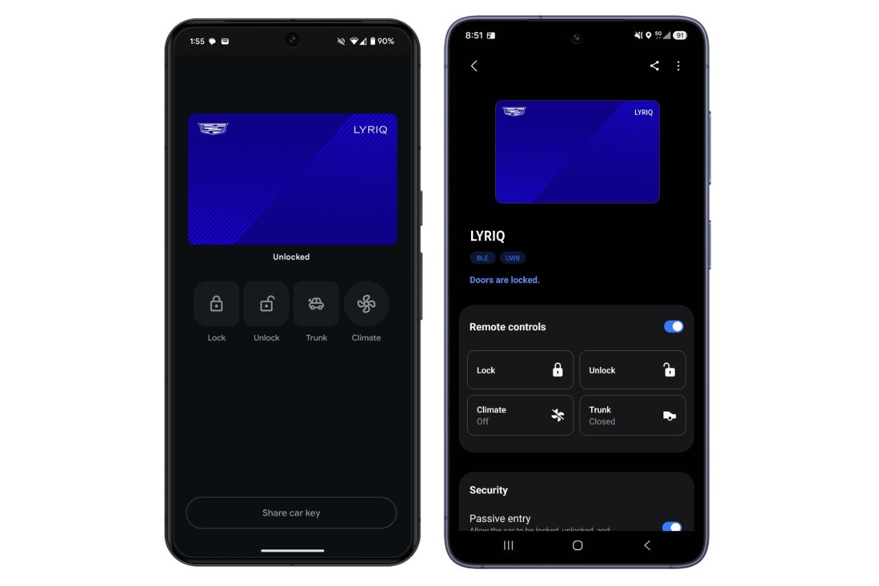 Cadillac Lyriq digital key shown in Google Wallet and Samsung Wallet