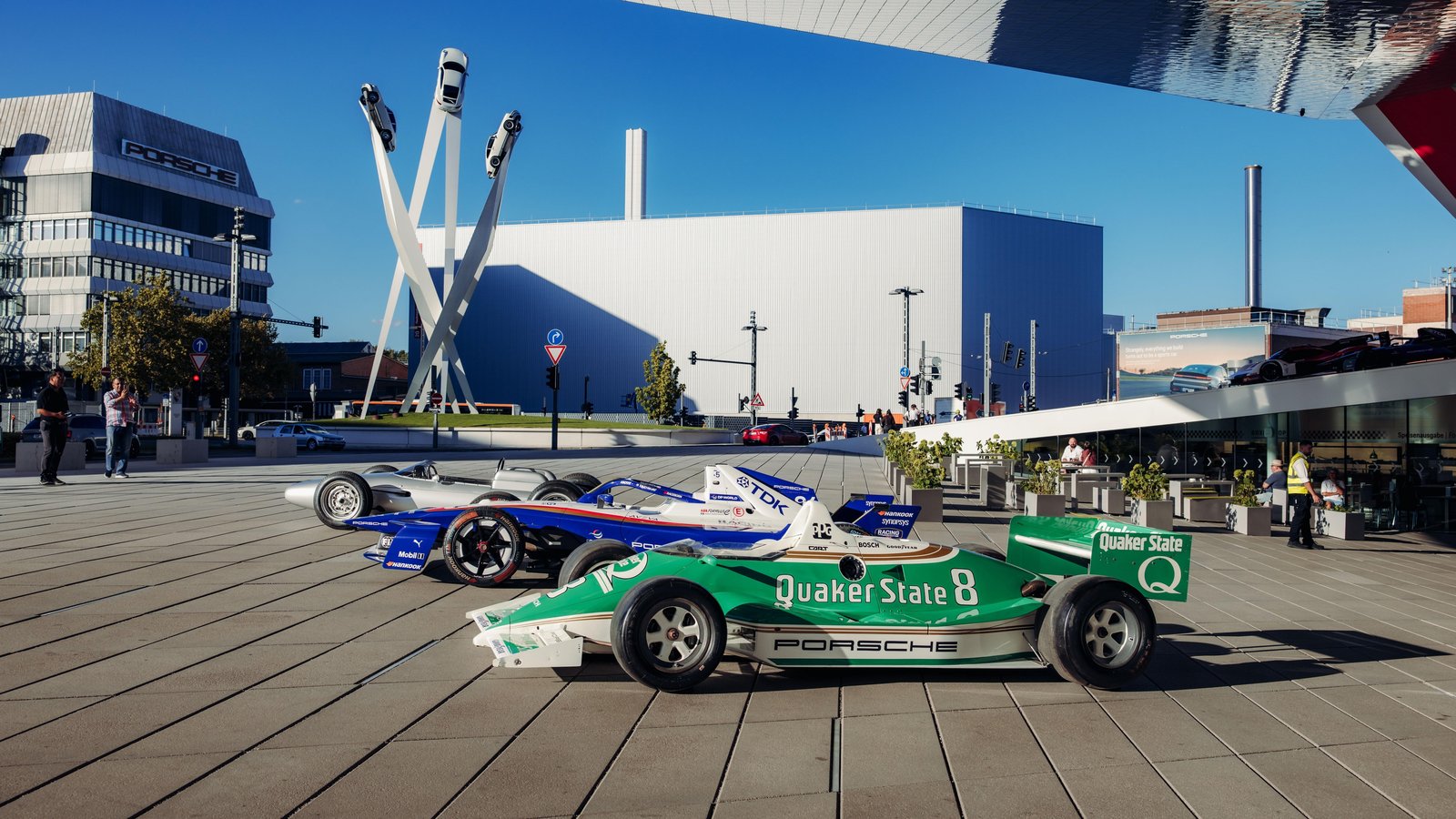 Porsche 804, 99X Electric and 2708 Indycar outside the Porsche Museum