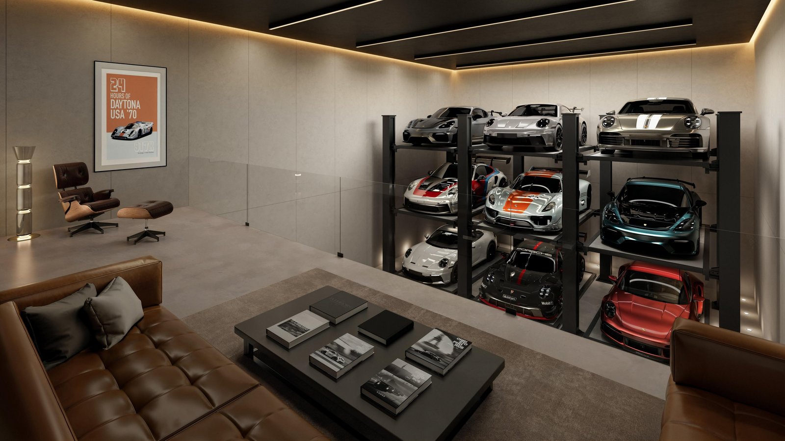 Rendering of a mezzanine lounge overlooking stacked car lifts with Porsche models