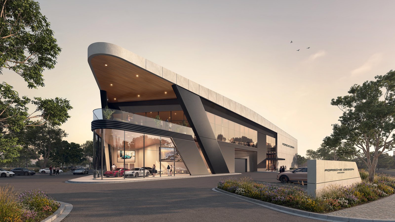 Rendering of a Porsche Design Concours building with glass showroom corner