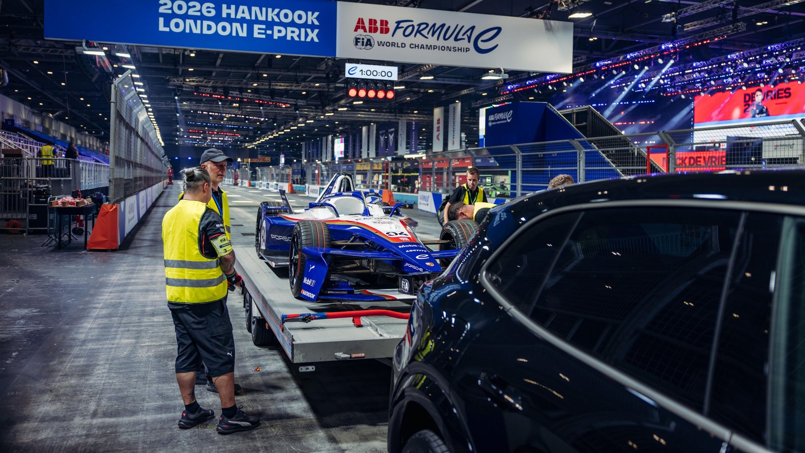 Porsche 99X Electric loaded onto a trailer at the London E-Prix