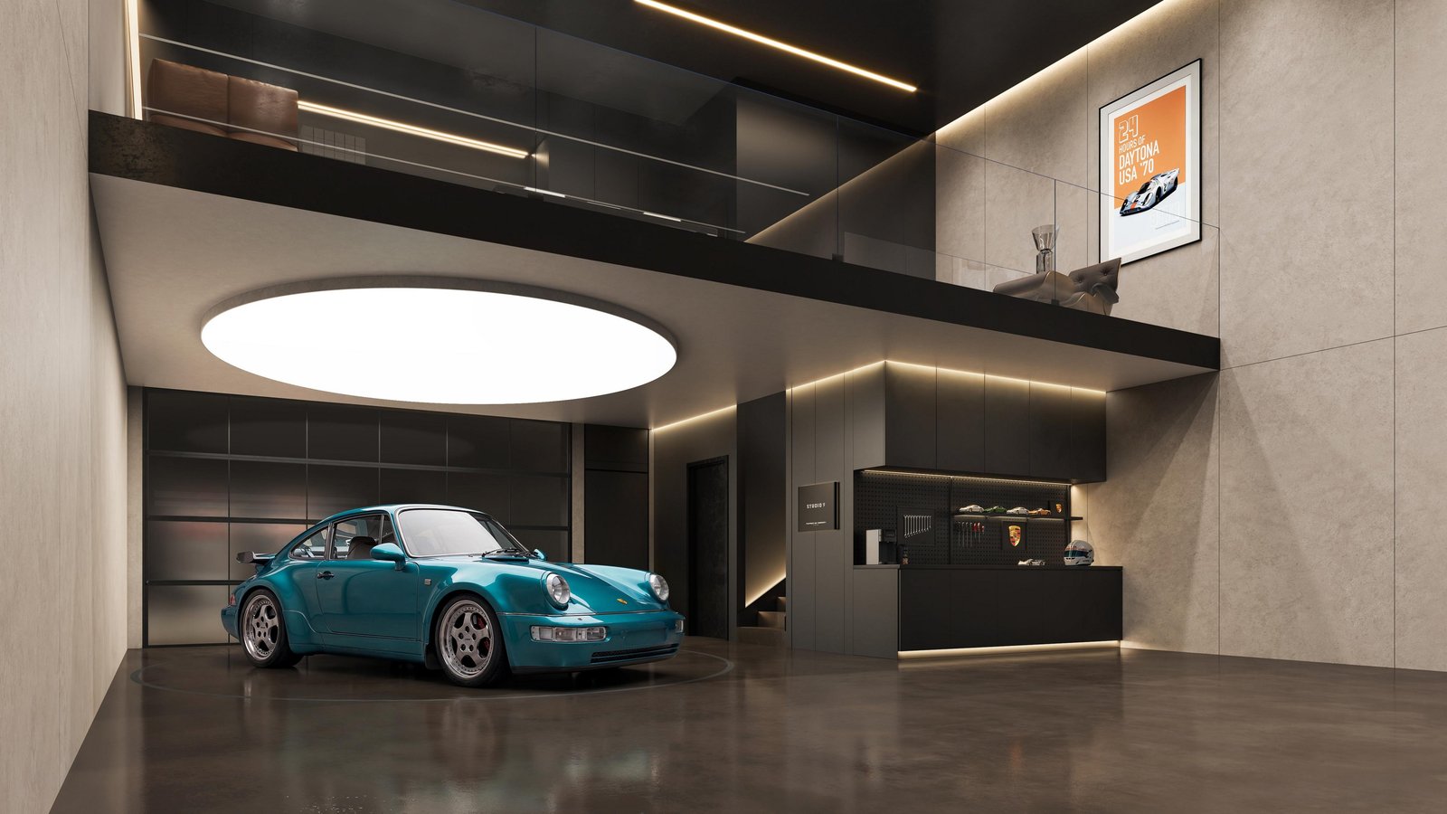 Rendering of a private studio interior with a teal 911 Turbo and mezzanine