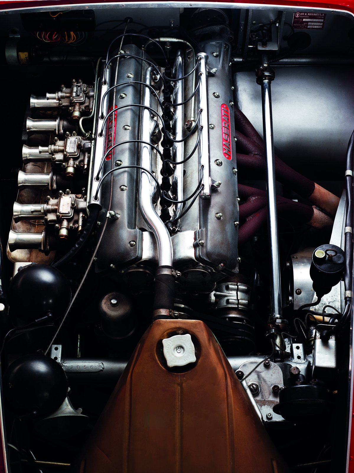 Twin-cam straight-six engine with triple Weber carburetors in the Maserati A6GCS berlinetta