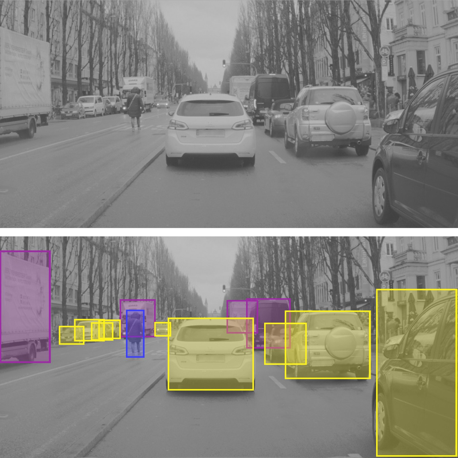 BMW diagram showing raw camera footage and the same scene classified by object type