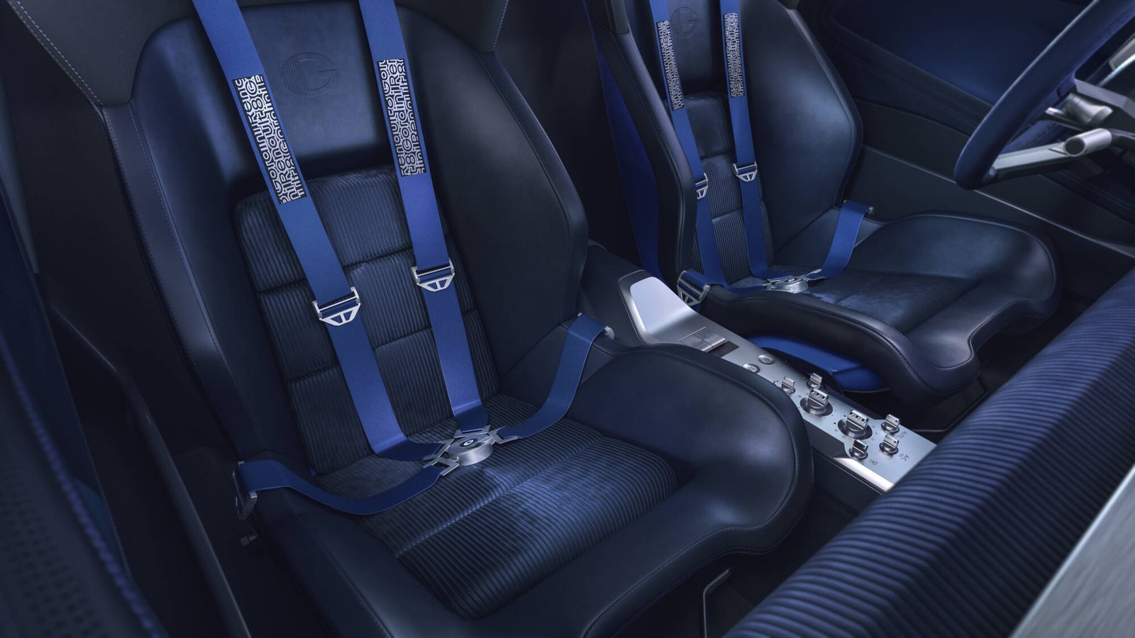 Renault 8 Gordini Concept bucket seats with blue corduroy centers and harnesses