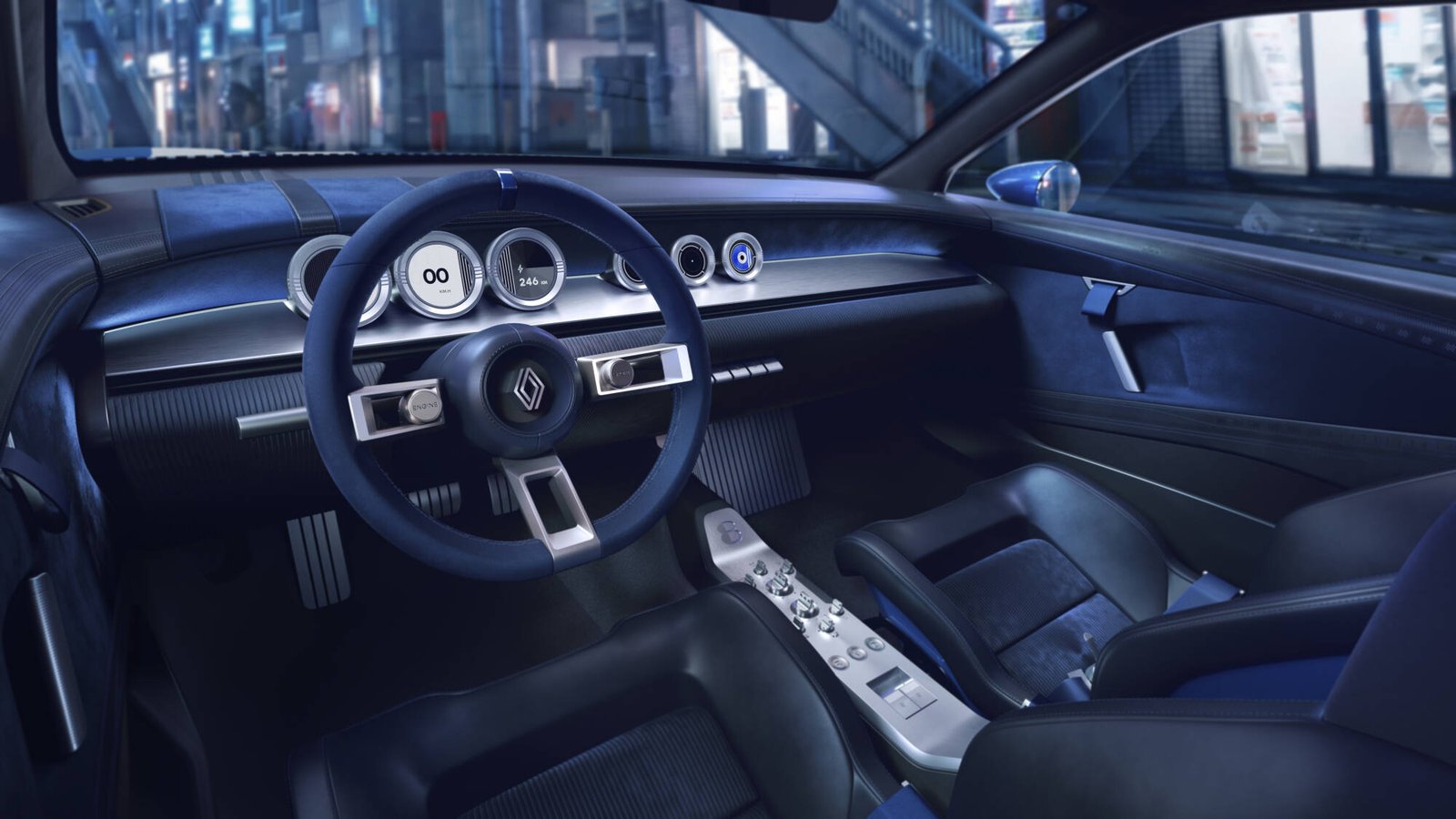 Renault 8 Gordini Concept cockpit with round digital displays and bucket seats