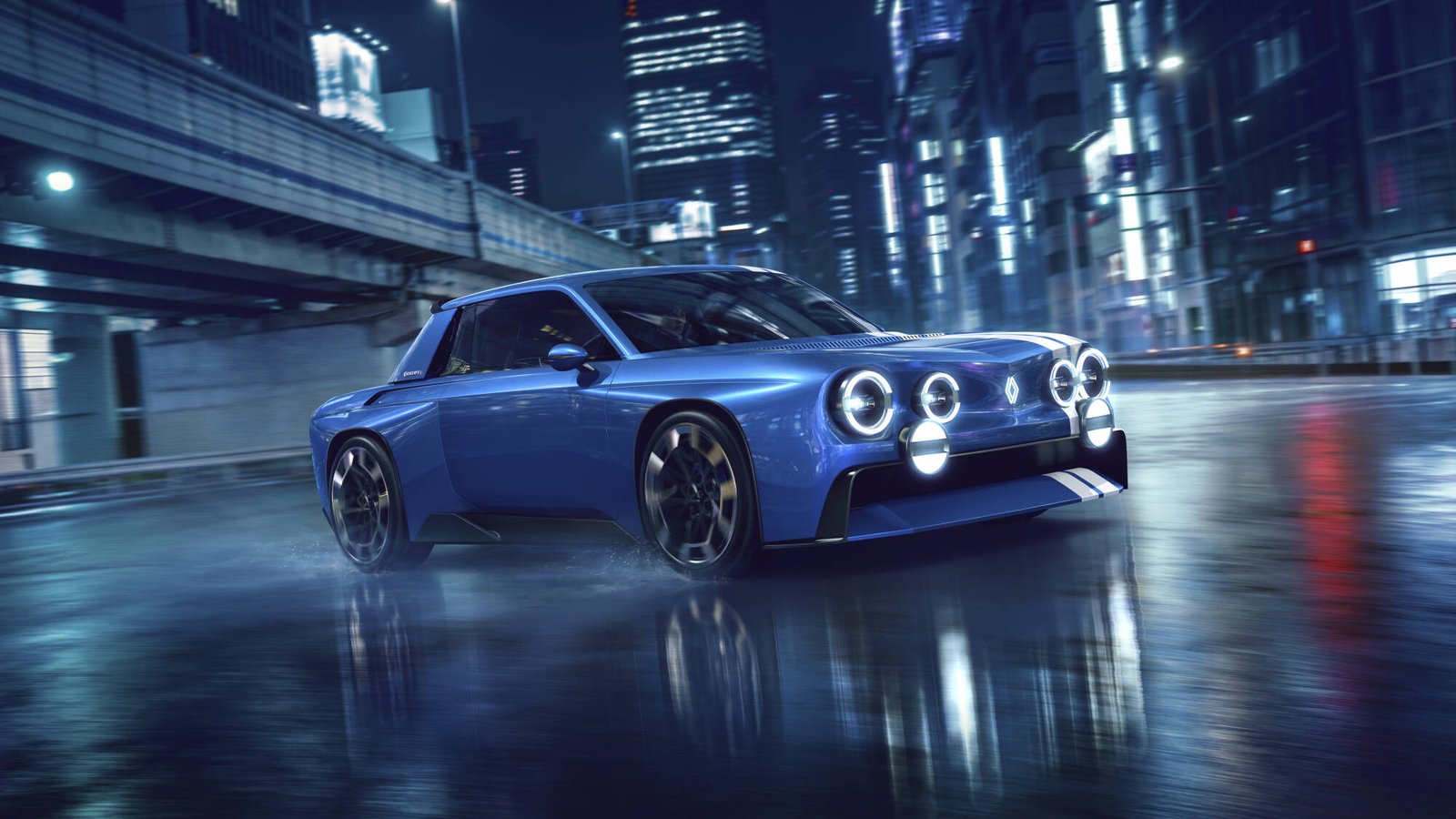 Renault 8 Gordini Concept front three-quarter view at night