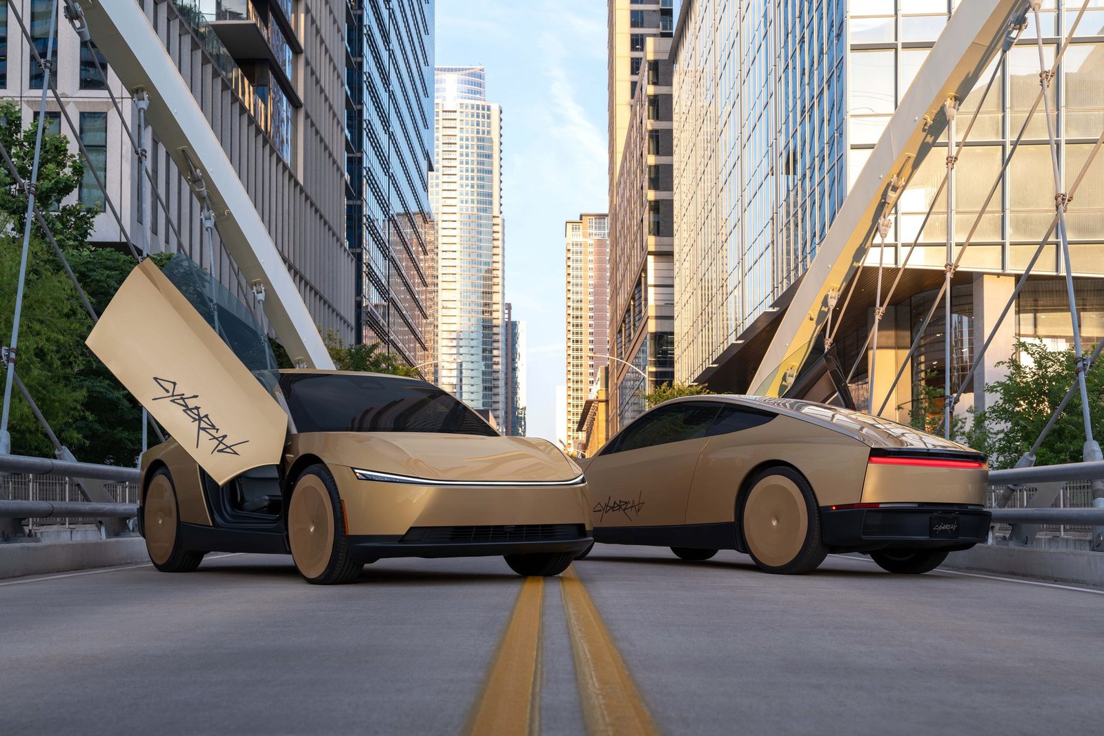 Two Tesla Cybercabs on a downtown Austin bridge, one with door open