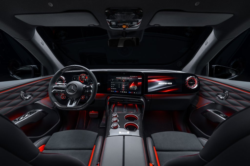 Mercedes-AMG GT SUV dashboard with three screens and red ambient lighting