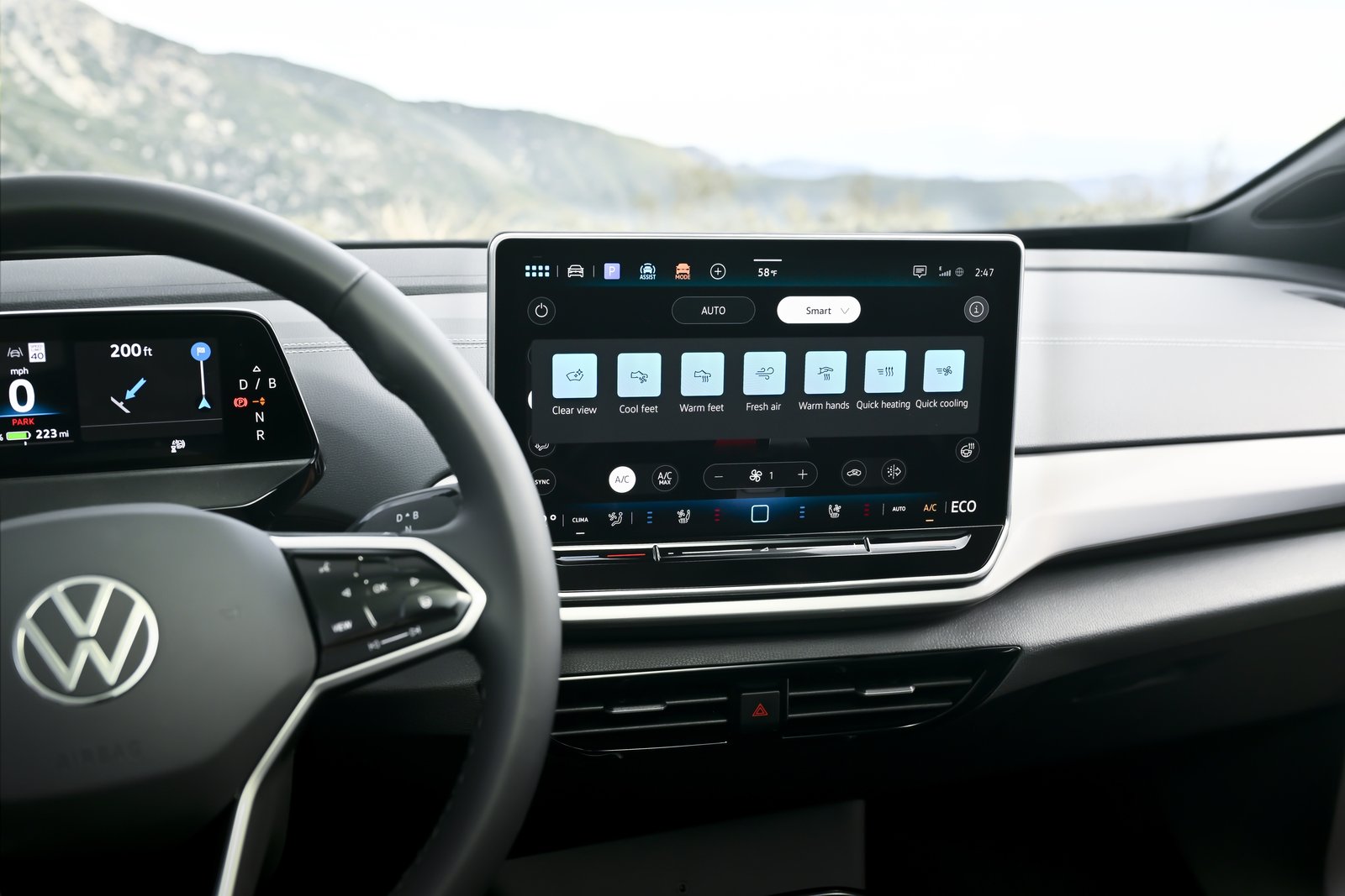 Volkswagen ID.4 dashboard with central touchscreen and steering wheel