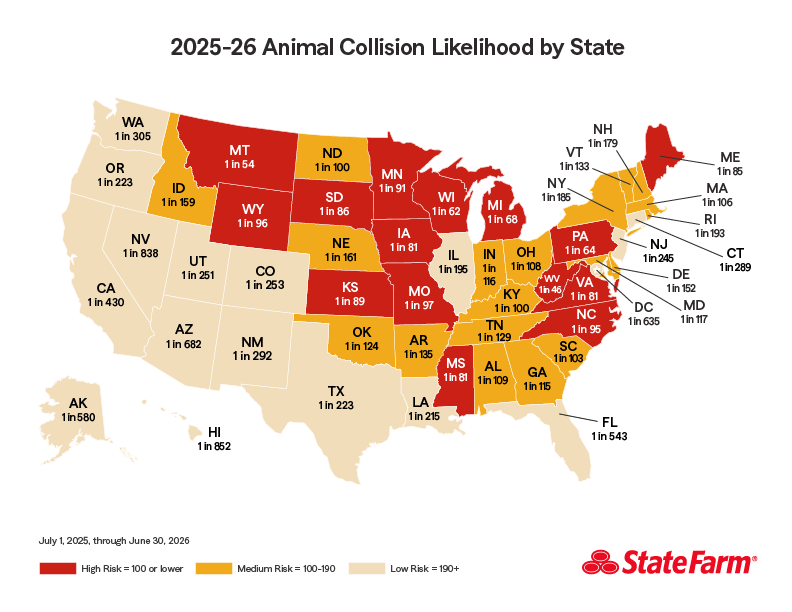 State Farm map of animal-collision odds by U.S. state, 2025–26