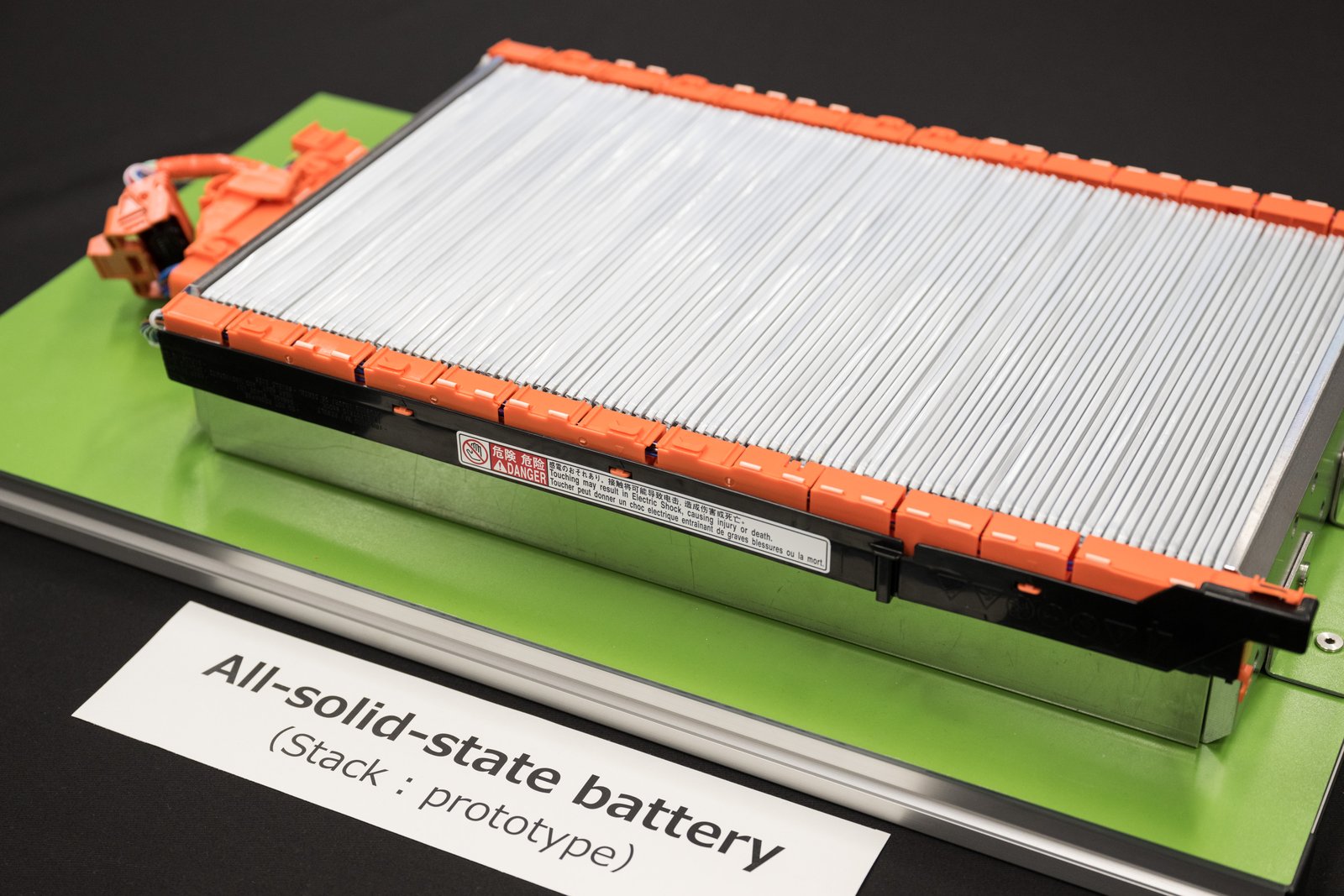 Toyota prototype all-solid-state battery stack on display