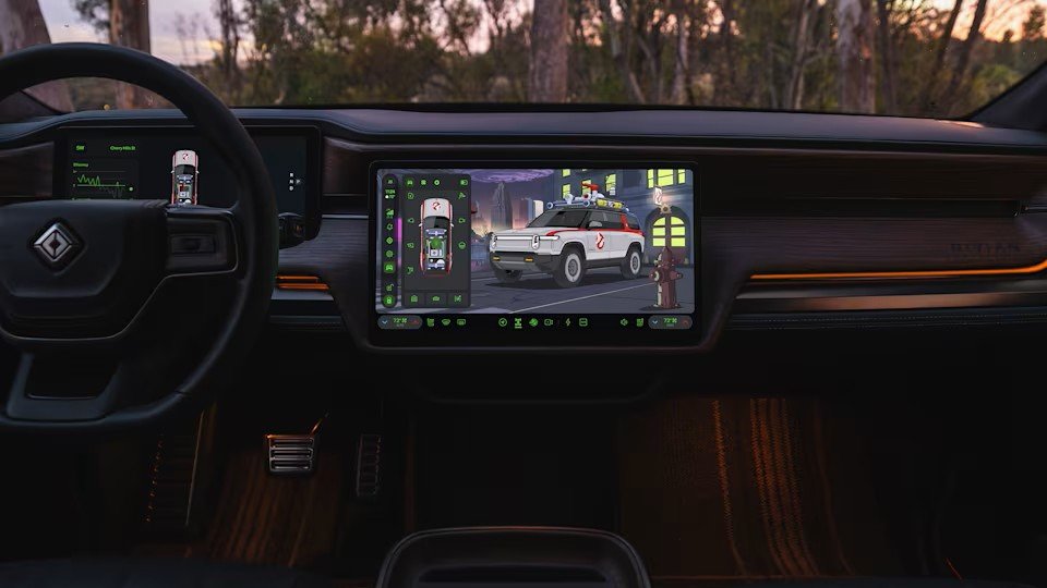 Rivian driver display showing the Ghostbusters Halloween Mode theme
