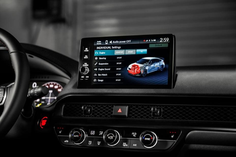 Civic Type R touchscreen showing individual drive mode settings including +R and Rev Match