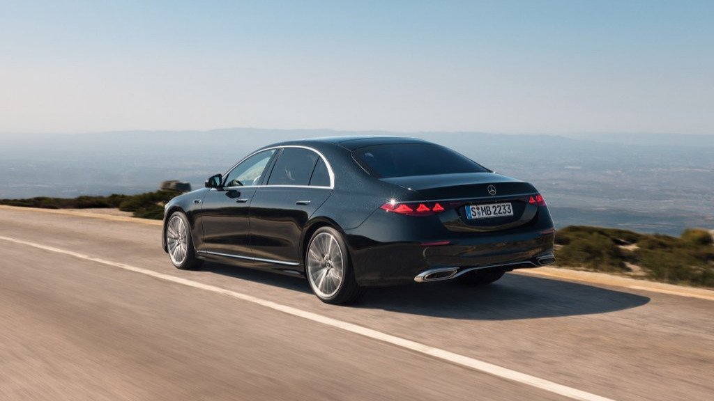 2027 Mercedes-Benz S-Class sedan, rear three-quarter view