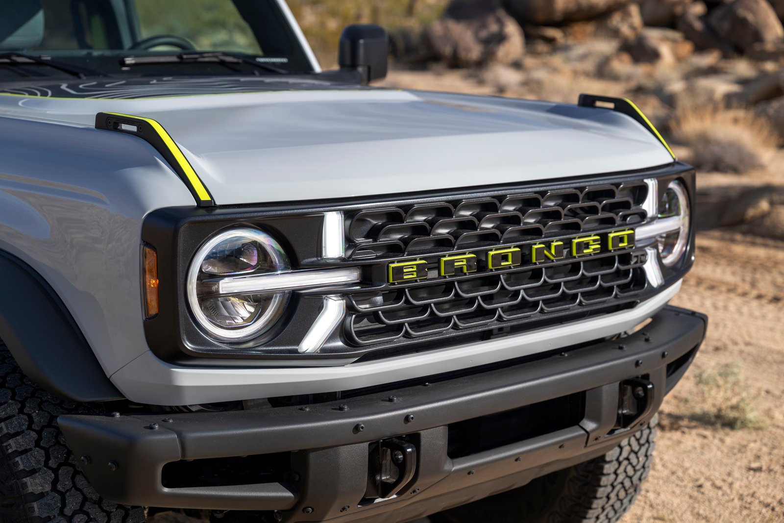 Bronco RTR grille with Hyper Lime lettering and LED light bars