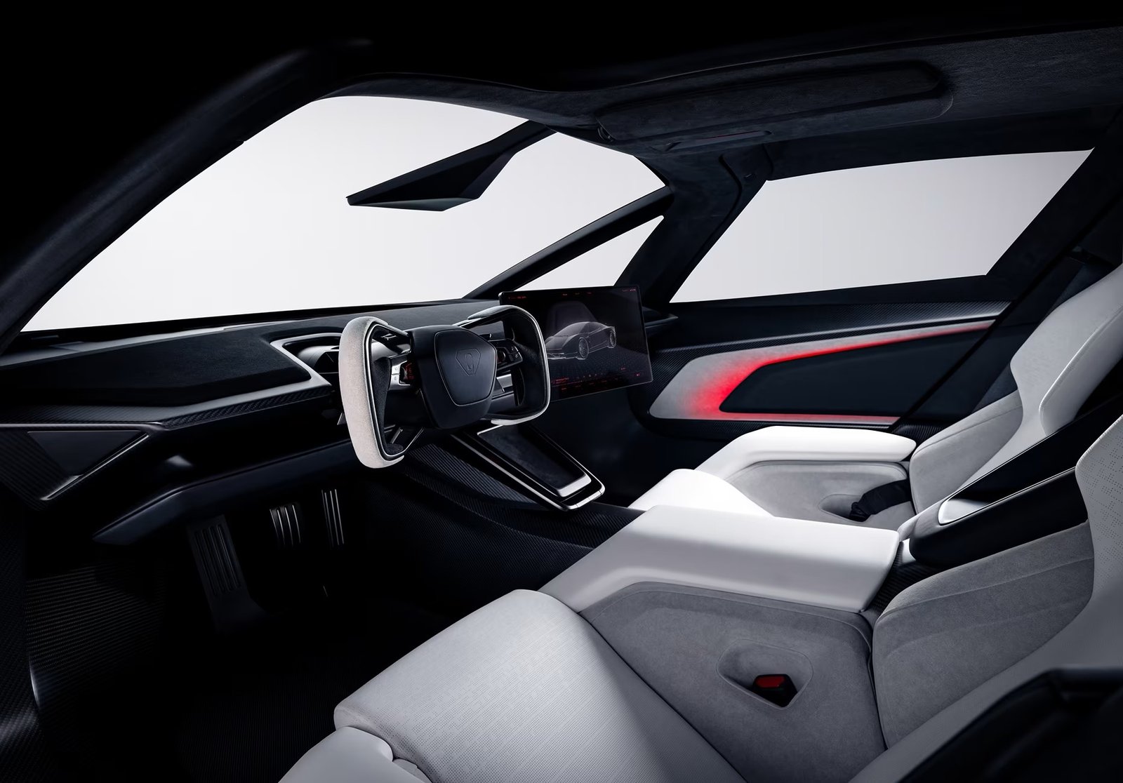 Tesla Roadster interior with yoke steering and molded white seats