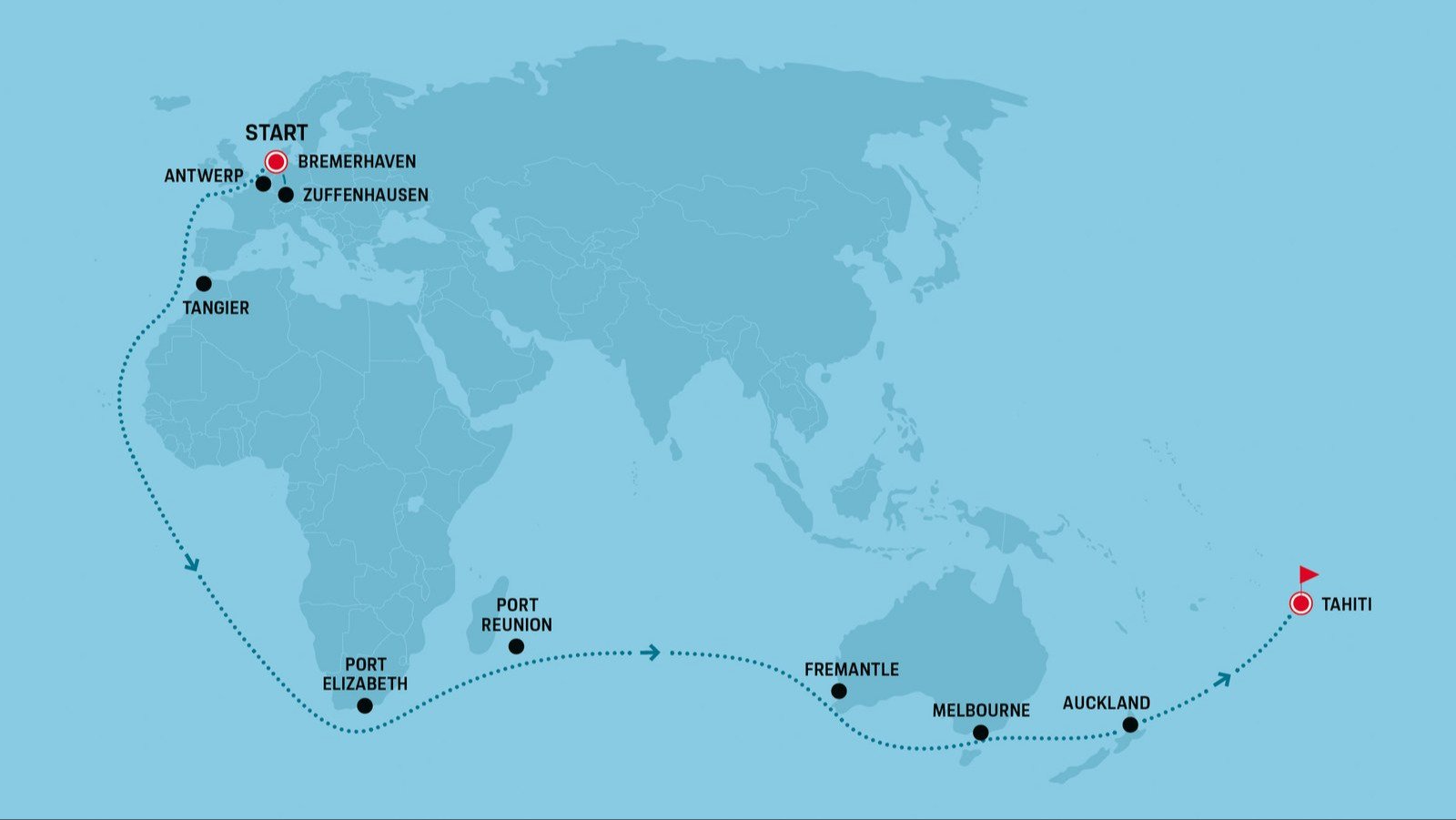 Map of the 911's shipping route from Bremerhaven to Tahiti