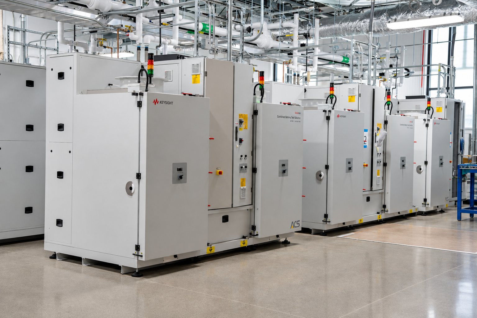 Row of Keysight combined battery test chambers inside Toyota's Michigan lab