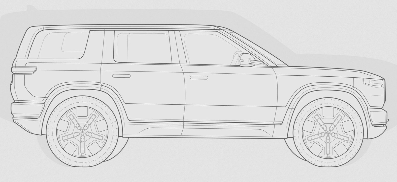 Rivian R2 side profile overlaid on the larger R1S