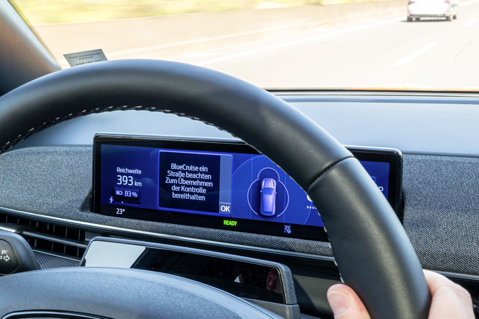 Ford instrument cluster showing an active BlueCruise message