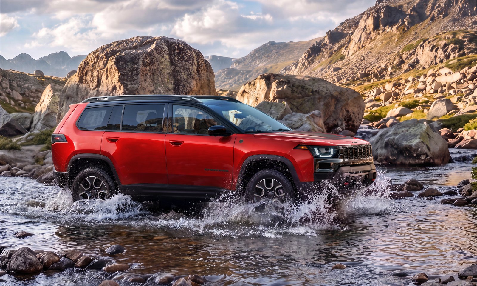 Red 2027 Jeep Cherokee driving through a rocky mountain river