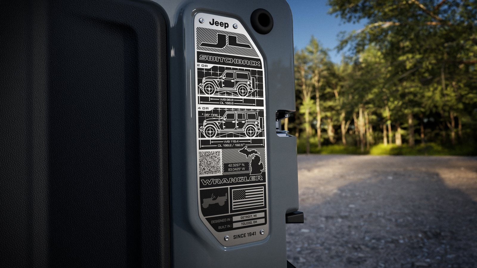 Switchback swing-gate plaque with blueprint-style Wrangler drawings