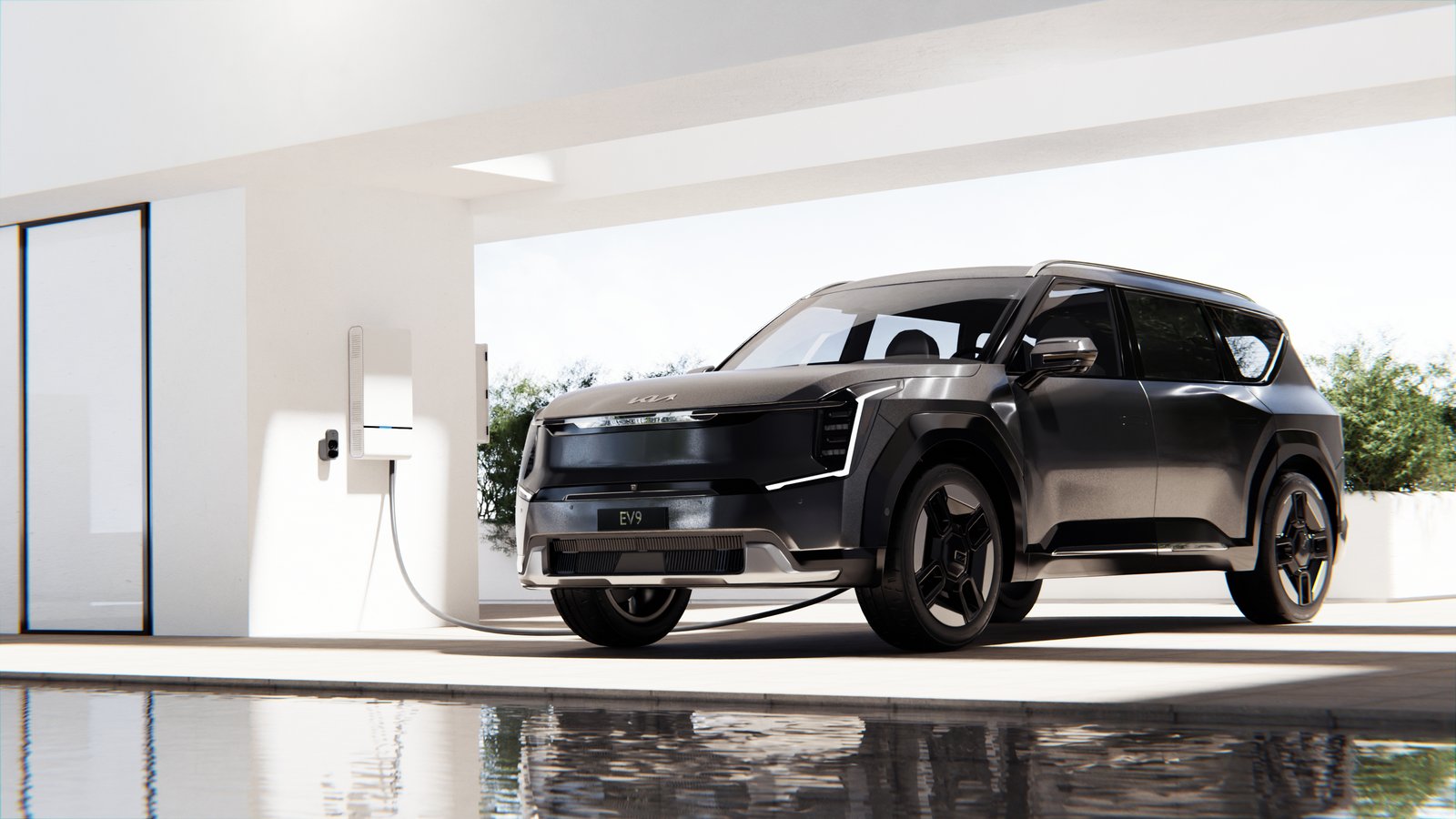 Kia EV9 connected to a wall-mounted Wallbox Quasar 2 bidirectional charger
