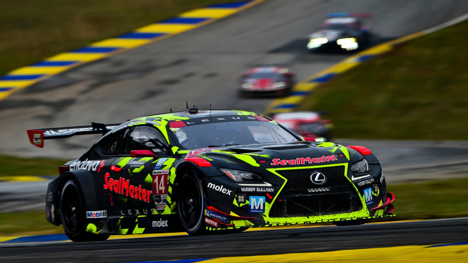 Lexus RC F GT3 No. 14 cornering ahead of GT rivals