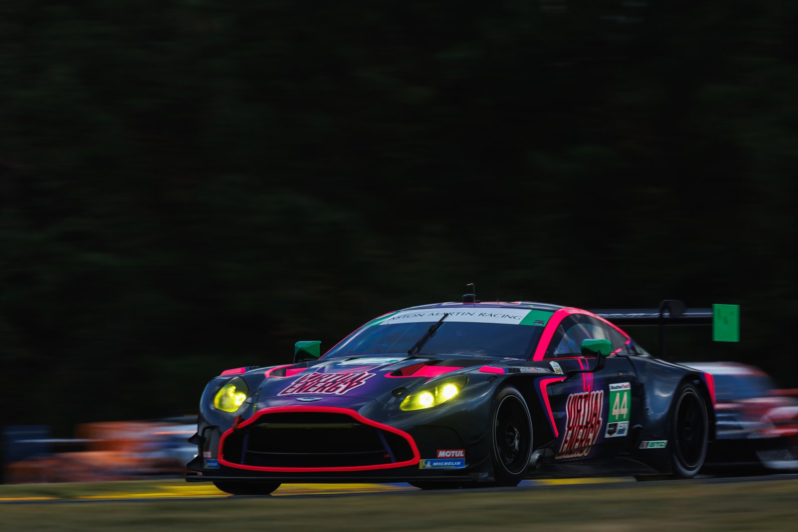 Magnus Racing Aston Martin Vantage GT3 at dusk at Road Atlanta